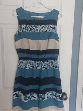 Loft - Sleeveless Blue Floral Stripe Dress - Teal and Navy